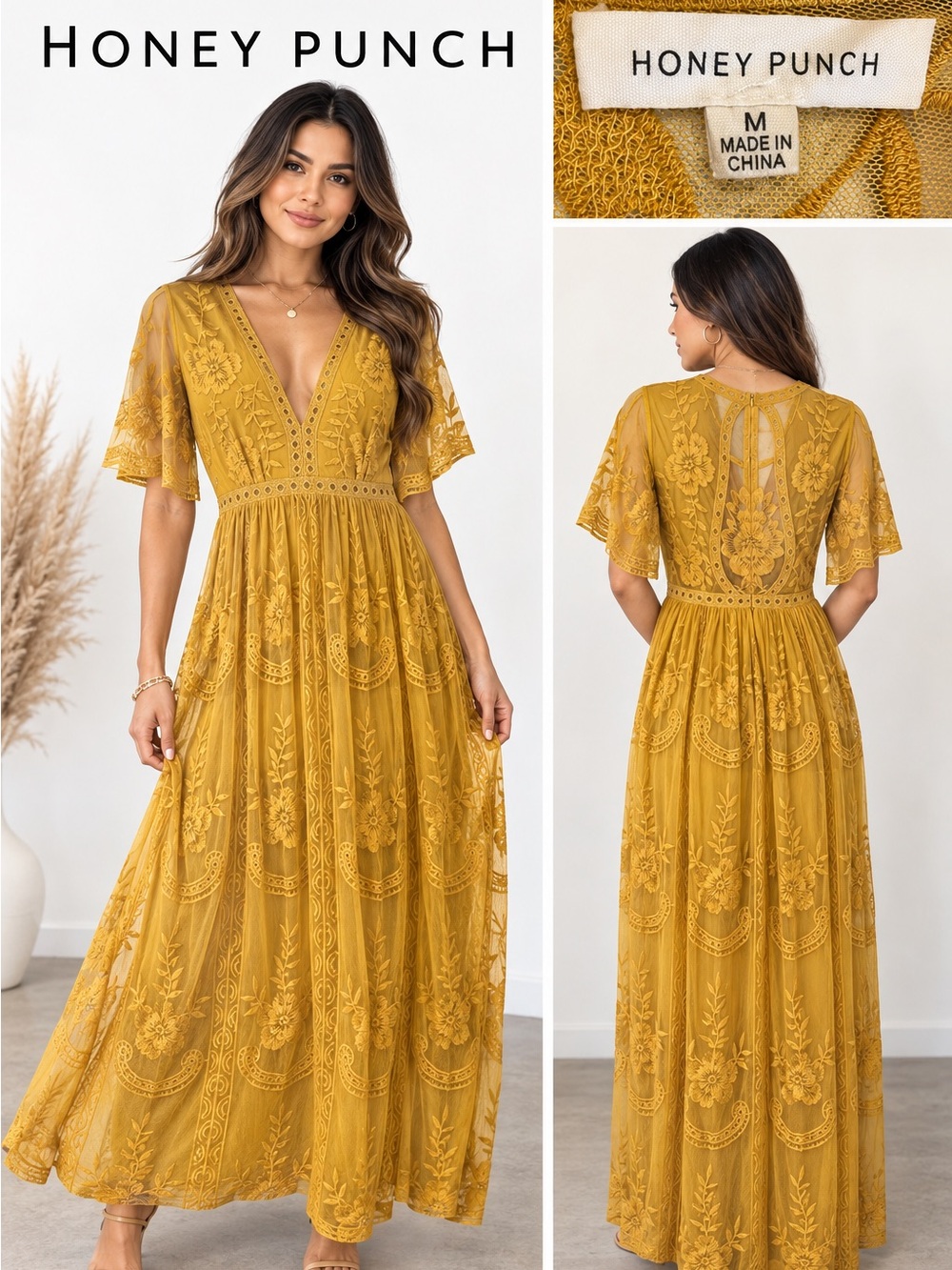 Honey Punch Mustard Yellow Lace Embroidered Maxi Dress Size M